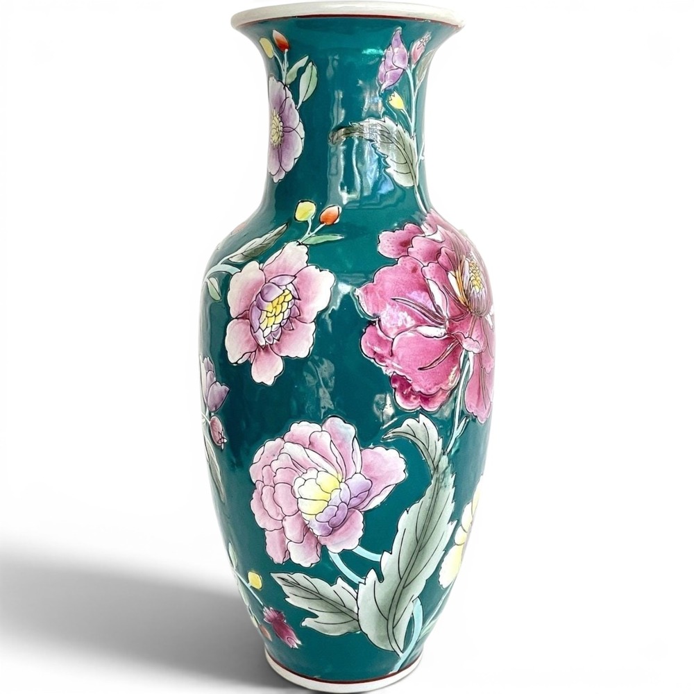 Vintage Chinese Porcelain Peony Floor Vase Teal Green Hand Painted Floral 12.25"